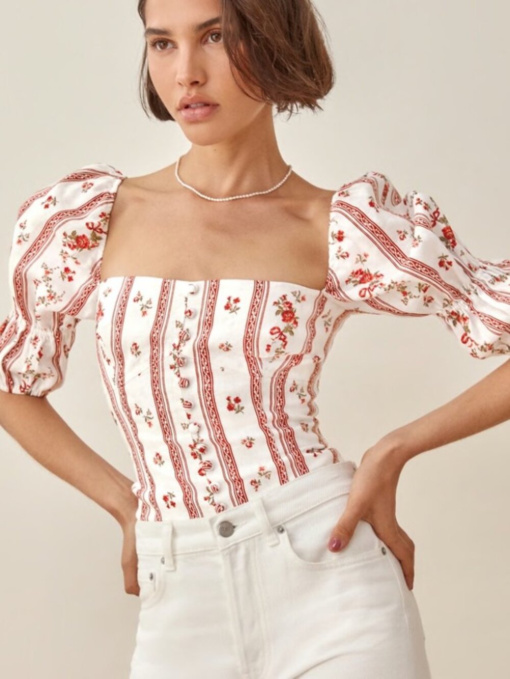 Reformation Linen Norton Floral Puff Sleeve Vienna Crop 0 NWT - Picture 4 of 11